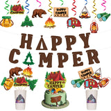 OSNIE 42Pcs Camping Theme Birthday Party Decoration Happy Camper Banner Campfire Tent Cake Topper Hanging Swirls Centerpieces Sticks Let's Go Camping Party Supplies Camp Out Baby Shower Decor for kids