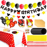 OSNIE 139Pcs Mickey Birthday Party Supplies Set Mickey Theme Party Decorations Including Happy Birthday Banner, Balloons, Invitation Cards, Tablecloth, Forks, Plates, Napkins Serves 20 Guests