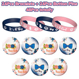 OSNIE 48 Packs Navy Blue and Blush Floral Gender Reveal Party Favors Set Include Bracelets Rubber Wristbands and Metal Badge Button Pins for Team Boy Team Girl Baby Shower Gender Reveal Party Supplies