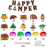 OSNIE 42Pcs Camping Theme Birthday Party Decoration Happy Camper Banner Campfire Tent Cake Topper Hanging Swirls Centerpieces Sticks Let's Go Camping Party Supplies Camp Out Baby Shower Decor for kids