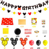 OSNIE 139Pcs Mickey Birthday Party Supplies Set Mickey Theme Party Decorations Including Happy Birthday Banner, Balloons, Invitation Cards, Tablecloth, Forks, Plates, Napkins Serves 20 Guests