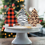 OSNIE 3 Pieces Christmas Tree Tiered Tray Decor Buffalo Cheetah Leopard Zebra Print Wooden Table Signs Freestanding Reversible Rustic Wood Centerpiece Tabletop for Christmas Farmhouse Home Decorations