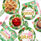 OSNIE 96Pcs Congrats GRAD Party Tableware Set with Hawaii Tropical Aloha Dinner Dessert Plates and Napkins Pink Forks Summer Party Decoration for College Prom 2023 Graduation Party Supplies, 24 Guests