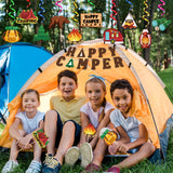 OSNIE 42Pcs Camping Theme Birthday Party Decoration Happy Camper Banner Campfire Tent Cake Topper Hanging Swirls Centerpieces Sticks Let's Go Camping Party Supplies Camp Out Baby Shower Decor for kids