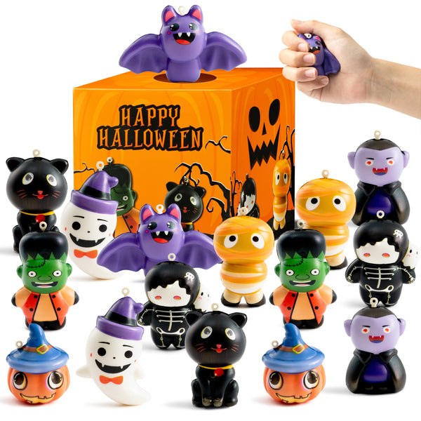 OSNIE Halloween Party Favors Squeeze Toys - 24Pcs Cute Slow Rising Squishes Toys with Treasure Box Prizes Pumpkin Ghost Bat Stress Relievers Trick or Treat Gift for Kids Classroom School Rewards Game