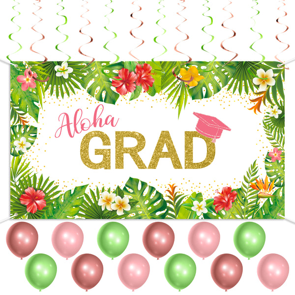 OSNIE 25pcs Aloha Graduation Party Decoration Set with Colorful Balloons Hanging Swirls and Congrats Grad Banner Tropical Hawaiian Bachelor Cap Photography Backdrop for College Prom 2023 Celebrations