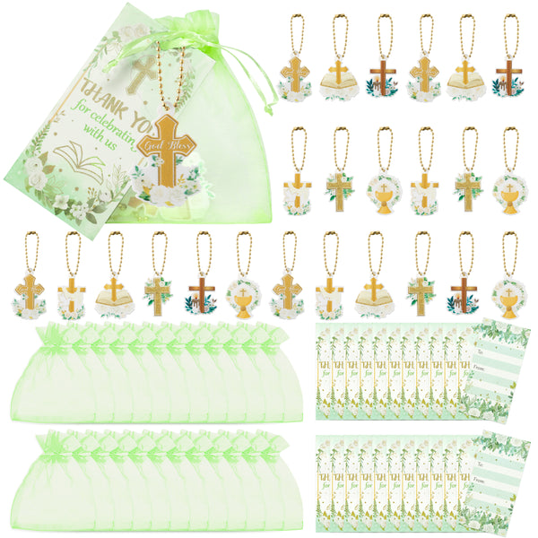 OSNIE Easter Floral Crosses Party Favors Include Thank You Kraft Tags Acrylic Keychains Organza Bags Spring God Bless You Party Supplies for Baptism First Communion Baby Shower Return Gifts, 24 Sets