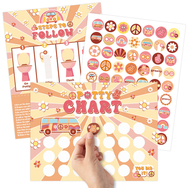OSNIE Boho Potty Training Chart for Toddlers Girls - Kids Potty Reward Chart with Stickers Hippie Groovy Blank Training Step Instructions Poster Behavior Chart on Wall for Toilet Bathroom Classroom