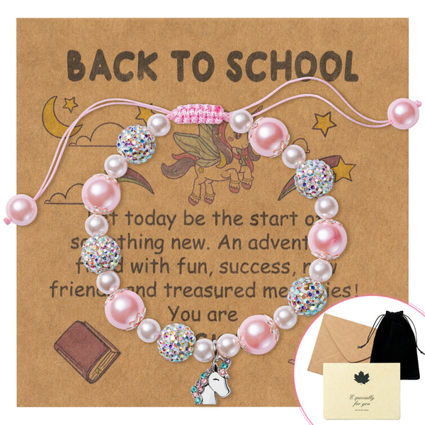 OSNIE Unicorn Welcome Back to school Gifts Pink and White Pearl Bracelet First Day of School Relieve Separation Anxiety Gifts You are Magical Adjustable Bracelets with Bag Message Card for Girls Kids