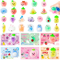 OSNIE 24Pcs Valentine's Day Animals & Fruits Squeeze Toys with Gift Cards for Kids, Mini Kawaii Mochi Squishy Stress Relief Anxiety Toys Sets Party Favors for Child Classroom Gift Exchange School Prizes