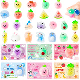 OSNIE 24Pcs Valentine's Day Animals & Fruits Squeeze Toys with Gift Cards for Kids, Mini Kawaii Mochi Squishy Stress Relief Anxiety Toys Sets Party Favors for Child Classroom Gift Exchange School Prizes