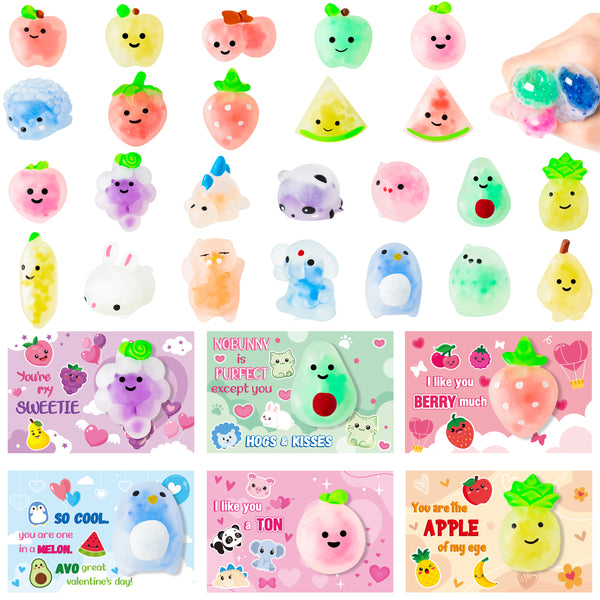 OSNIE 24Pcs Valentine's Day Animals & Fruits Squeeze Toys with Gift Cards for Kids, Mini Kawaii Mochi Squishy Stress Relief Anxiety Toys Sets Party Favors for Child Classroom Gift Exchange School Prizes