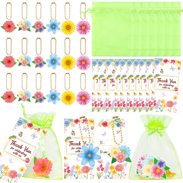 OSNIE 24 Sets Spring Summer Flower Party Favors Sets with Acrylic Keychains Organza Bags Thank You Cards Set Watercolor Floral Party Supplies for Birthday Bridal Wedding Baby Shower Guest Return Gifts