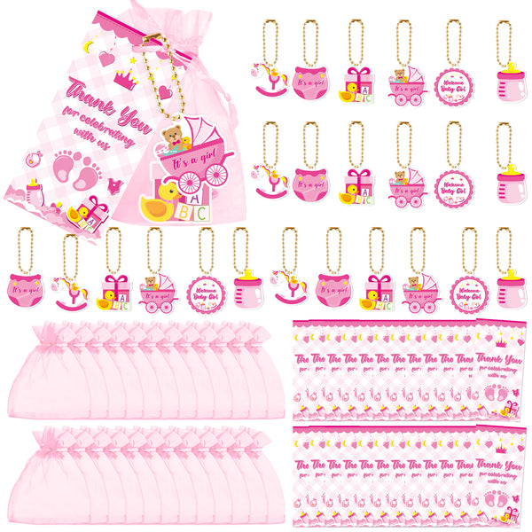OSNIE Pink Welcome Baby Girls Party Favors include Baby Diaper Feeder Pram Toy Keychain Organza Bags Thank You Tags Gender Reveal It's a Girl Party Supplies for Baby Shower Guest Return Gifts, 24 Sets
