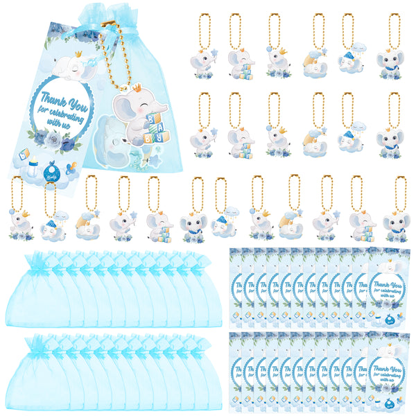 OSNIE 24Sets Blue Baby Boys Party Favors Sets with Acrylic Keychains Organza Bags Thank You Cards Tags Set Floral Elephants Party Supplies for Gender Reveal Birthday Baby Shower Guest Return Gifts
