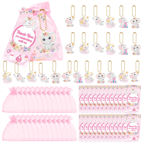 OSNIE 24Sets Pink Baby Girl Party Favors Sets with Acrylic Keychains Organza Bags Thank You Cards Tags Set Floral Elephants Party Supplies for Gender Reveal Birthday Baby Shower Guest Return Gifts