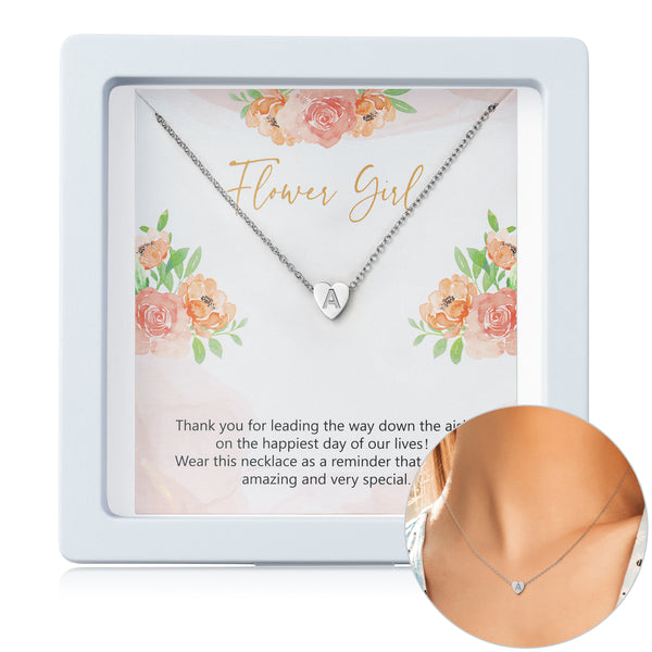 OSNIE Flower Girl Alphabet Heart Pendant Necklace - 18K Silver Plated Tiny Capital Initial Letter Engraved Choker Wedding Day Thank You for Being My Flower Girl Proposal Dainty Jewelry Gift from Bride
