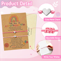 OSNIE 2Pcs Heart Wish First Day of Kindergarten Bracelets Welcome Back to School Relieve Separation Anxiety Gift Adjustable Rope Bracelets with Bag Message Card for Mom and Daughter Women Girls Kids