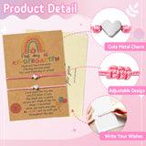OSNIE 2Pcs Heart Wish First Day of Kindergarten Bracelets Welcome Back to School Relieve Separation Anxiety Gift Adjustable Rope Bracelets with Bag Message Card for Mom and Daughter Women Girls Kids