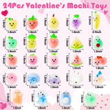 OSNIE 24Pcs Valentine's Day Animals & Fruits Squeeze Toys with Gift Cards for Kids, Mini Kawaii Mochi Squishy Stress Relief Anxiety Toys Sets Party Favors for Child Classroom Gift Exchange School Prizes