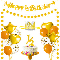 OSNIE Half Year Birthday Decorations Kit for Baby- Happy 1/2 Birthday Banner, Glitter Cardstock Banner, Party Hat, Cake Topper, Foil Latex Balloon for 6 Months Birthday Party Baby Shower Decor (Gold)
