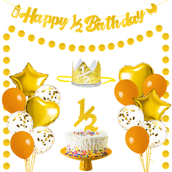 OSNIE Half Year Birthday Decorations Kit for Baby- Happy 1/2 Birthday Banner, Glitter Cardstock Banner, Party Hat, Cake Topper, Foil Latex Balloon for 6 Months Birthday Party Baby Shower Decor (Gold)