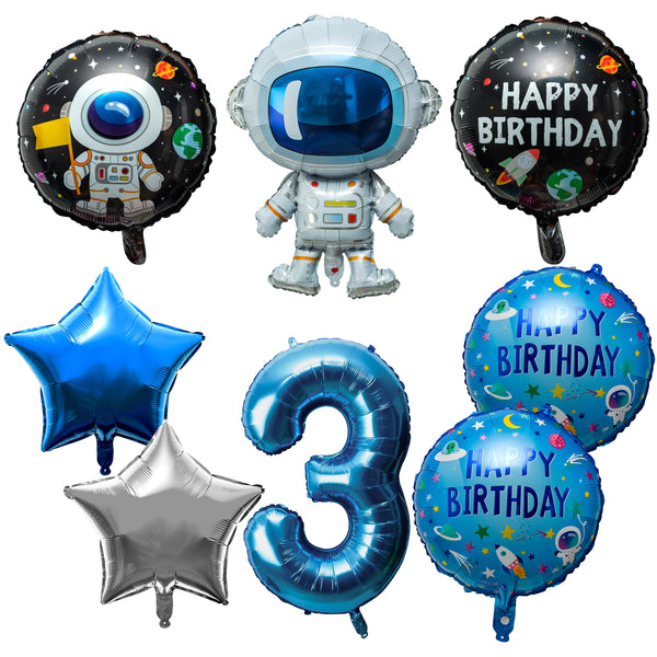 OSNIE 8 Pcs Outer Space 3rd Birthday Party Balloons Decorations Supplies for Kids Boys Large Astronaut Spaceman Star-Shaped Foil Mylar Balloons for Universe Galaxy Space Themed Trip to the Moon Party