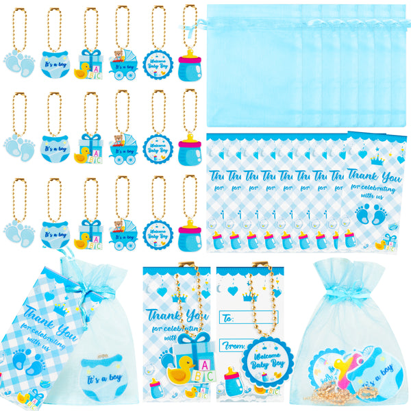 OSNIE Blue Welcome Baby Boys Party Favors Include Baby Carriage Diaper Feeder Footprints Keychain Organza Bags Thank Tags Gender Reveal It's a Boy Party Supplies for Baby Shower Return Gifts, 24 Sets