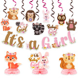 OSNIE 14Pcs Floral Woodland Animals Baby Shower Party Decoration It’s a Girl Party Banner Honeycomb Centerpieces Hanging Swirls for Baby Girl Creatures Forest Animal Theme Gender Reveal Party Supplies