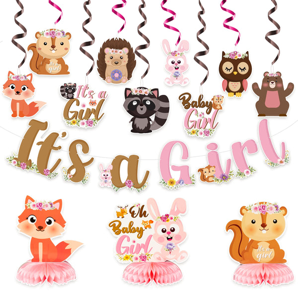 OSNIE 14Pcs Floral Woodland Animals Baby Shower Party Decoration It’s a Girl Party Banner Honeycomb Centerpieces Hanging Swirls for Baby Girl Creatures Forest Animal Theme Gender Reveal Party Supplies