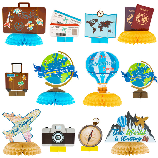 OSNIE 12Pcs Travel Themed Honeycomb Centerpieces Table Toppers Adventure Awaits Party Decor Travel Around The World Bon Voyage Table Decor Photo Props for Let The Adventure Begin Going Away Party