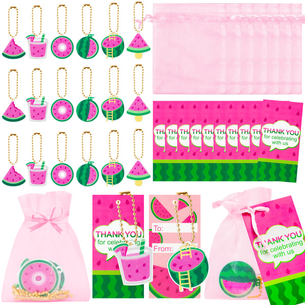 OSNIE Summer Watermelon Party Favors Include Drink Fruit Keychains Organza Bags Thank You Kraft Tags One in a Melon Party Supplies for School Rewards Bridal Wedding Baby Shower Return Gifts, 24 Sets