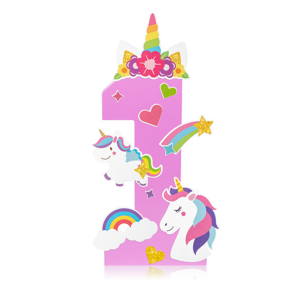 OSNIE Unicorn Theme First Birthday Number One Wood Sign Unicorn Party Decor Freestanding Number 1 Standing Sign Centerpieces with Stickers Cake Smash Photo Prop for Baby Shower Webbing Anniversary
