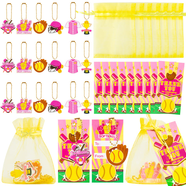 OSNIE Softball Party Favors Include Acrylic Keychains Organza Bags Thank You Kraft Tags Girls Team Softball Sports Theme Party Supplies for School Rewards Birthday Baby Shower Return Gifts, 24 Sets