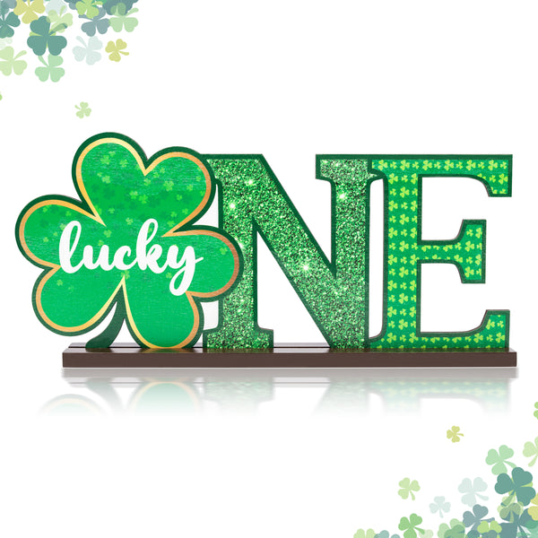 OSNIE St. Patrick's Day Lucky One Letter Sign Wooden Table Centerpieces Green Shamrock Party Decorations for Baby Boys Girls Spring Theme 1st Birthday Milestone Baby Shower Cake Smash Photo Prop