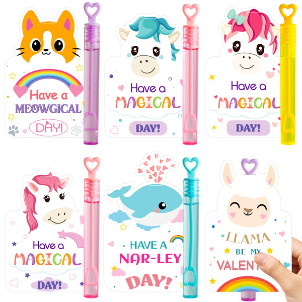 OSNIE 24Pcs Valentine’s Day Gift Cards with Mini Bubble Wands Exchange Gift Animal Unicorn Whale Llama Cat Theme Party Favors Classroom School Rewards Treat Bag Outdoor Play Toys Presents for Kids