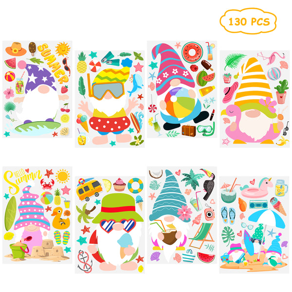 OSNIE 130Pcs Summer Gnome Window Clings for Glass Windows Watermelon Pineapple Ice Cream Sunglasses Hello Summer Stickers Decals for Hawaiian Luau Aloha Kids School Party Decoration Supplies, 8 Sheets