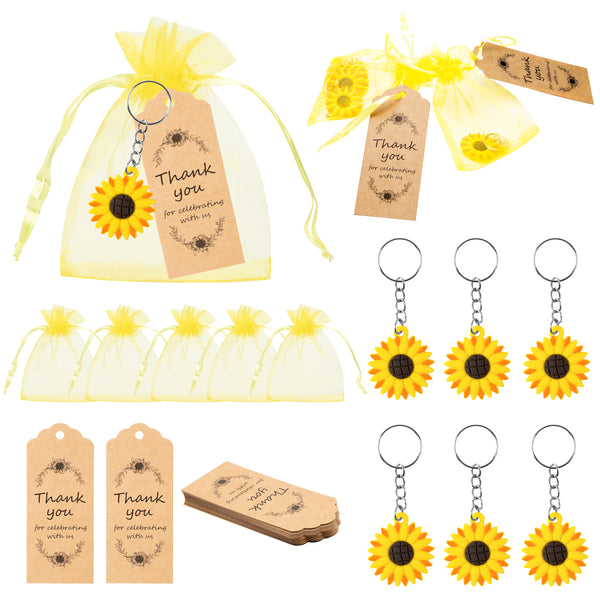 OSNIE 60Pcs Sunflower Party Favors Include Keychains Organza Bags Thank You Kraft Tags Cutie Ornament Sunflower Party Supplies for Birthday Summer Theme Party Bridal Wedding Baby Shower Return Gifts