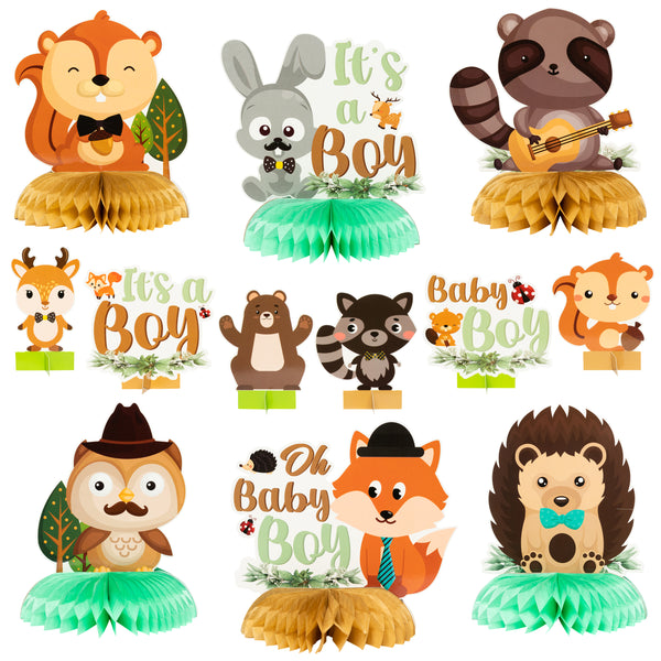 OSNIE 12Pcs Woodland Animals It’s a Boy Baby Shower Party Honeycomb Centerpieces Table Toppers for Baby Boy, Woodland Creatures Forest Animal Friends Theme Gender Reveal Table Decorations Supplies
