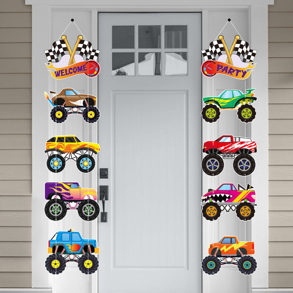 OSNIE Monster Truck Party Decorations Supplies for Kids Boys Checkered Flags Monster Truck Cardboard Cutouts Door Sign Porch Sign Welcome Hanging Banner for Race Car Outdoor Indoor Home Bedroom Décor