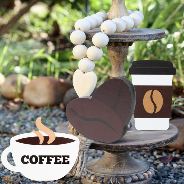 OSNIE 3 Pieces Coffee Tiered Tray Decorations Freestanding Wooden Table Centerpiece Double-Sided Printing Shelf Sitter Signs for Farmhouse Kitchen Coffee Bar Coffee Station Accessories Mug Life Décor
