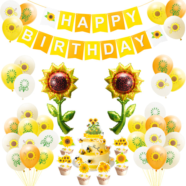 OSNIE 49Pcs Sunflower Birthday Party Decorations Supplies Kit – Giant Sunflower Foil Balloons, Latex Balloons, Cardstock Banner, Cake Topper, Sunflower Theme Party Supplies for Wedding, Baby Shower