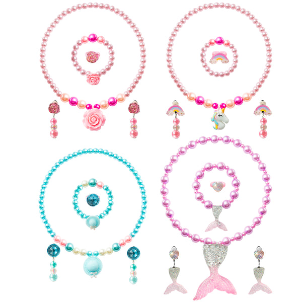 OSNIE 4 Sets of Beaded Jewelry for Girls, Rose Mermaid Unicorn Rainbow Hat Princess Necklace Bracelet Earring Pendant Ring Set Dress up Pretend Play Jewelry Toys Birthday Gifts for Kids Girls (20PCS)