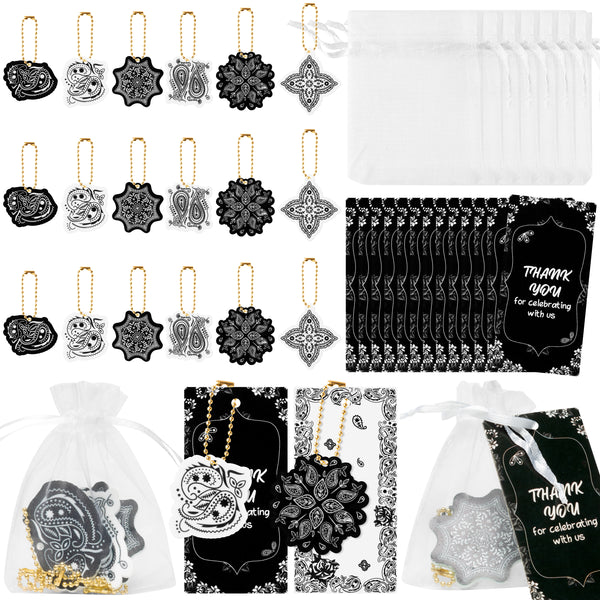 OSNIE 24 Sets Black White Bandana Party Favors Keychains Organza Bags Thank You Kraft Tags Cholo Gangsta Paisley Chicano Party Supplies for Rewards Birthday Bridal Wedding Baby Shower Return Gifts