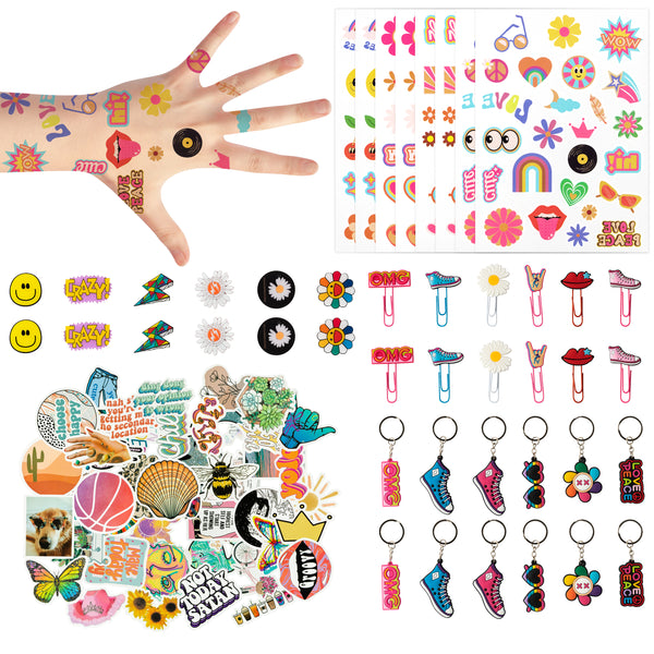 OSNIE 94Pcs Groovy Party Favors Include Retro Hippie Temporary Tattoos Stickers Keychains Brooch Pins Paper Clips Boho Rainbow Daisy Party Supplies for School Rewards Return Gifts Goodie Bag Fillers