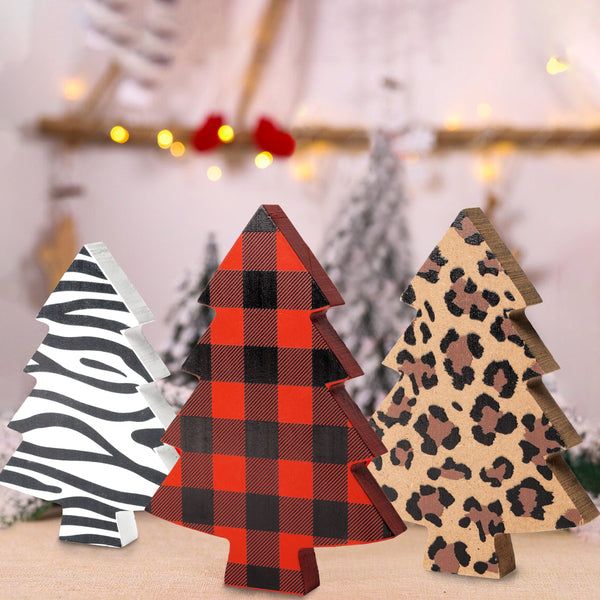 OSNIE 3 Pieces Christmas Tree Tiered Tray Decor Buffalo Cheetah Leopard Zebra Print Wooden Table Signs Freestanding Reversible Rustic Wood Centerpiece Tabletop for Christmas Farmhouse Home Decorations