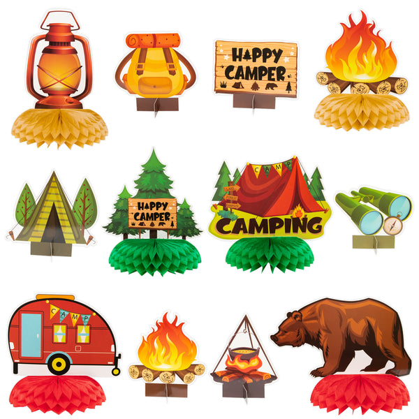 OSNIE 12Pcs Happy Camper Theme Honeycomb Centerpieces Table Topper Camping Adventure Party Decorations Supplies Cardboard Cutout Happy Birthday Table Decor Bears Tent Bonfire Party Favors Photo Booth Prop