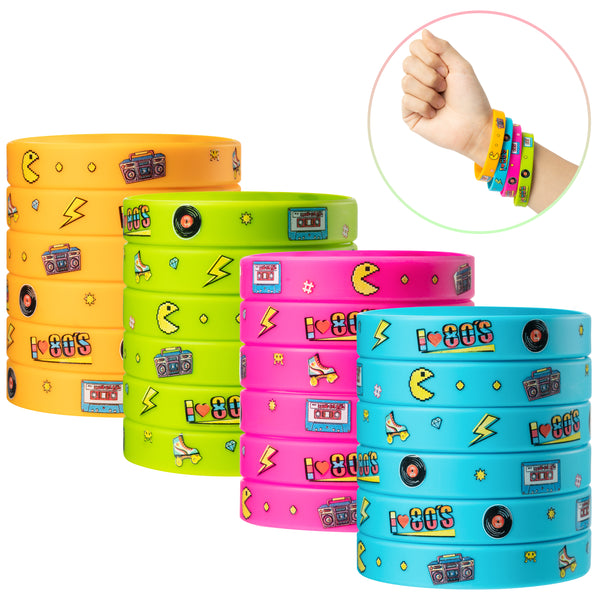 OSNIE 24Pcs 1980s Themed Party Favors Silicone Bracelets Color Beautiful Fancy Rubber Wristbands Colored Silicone Stretch Vinyl Records Radio Pattern for Birthday Party Supplies Gift 4 Styles 24 Pieces