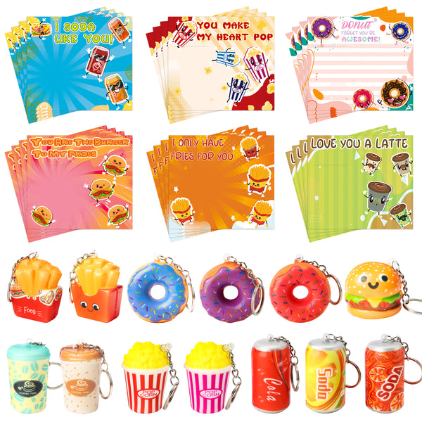 OSNIE 24 Set Valentine's Day Squeeze Toys Keychain with Greeting Cards Cream Scented Slow Rising Simulation Mini Food Drinks Stress Relief Toy Exchange Gift Valentine Favors Treasure Box Toys for Kids