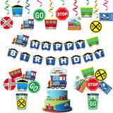 OSNIE 42Pcs Railroad Birthday Party Decoration Set Railway Crossing Sign Choo Choo Train Happy Birthday Banner Hanging Swirl Cake Topper Centerpieces Sticks Decor for Kids Boys Birthday Party Supplies